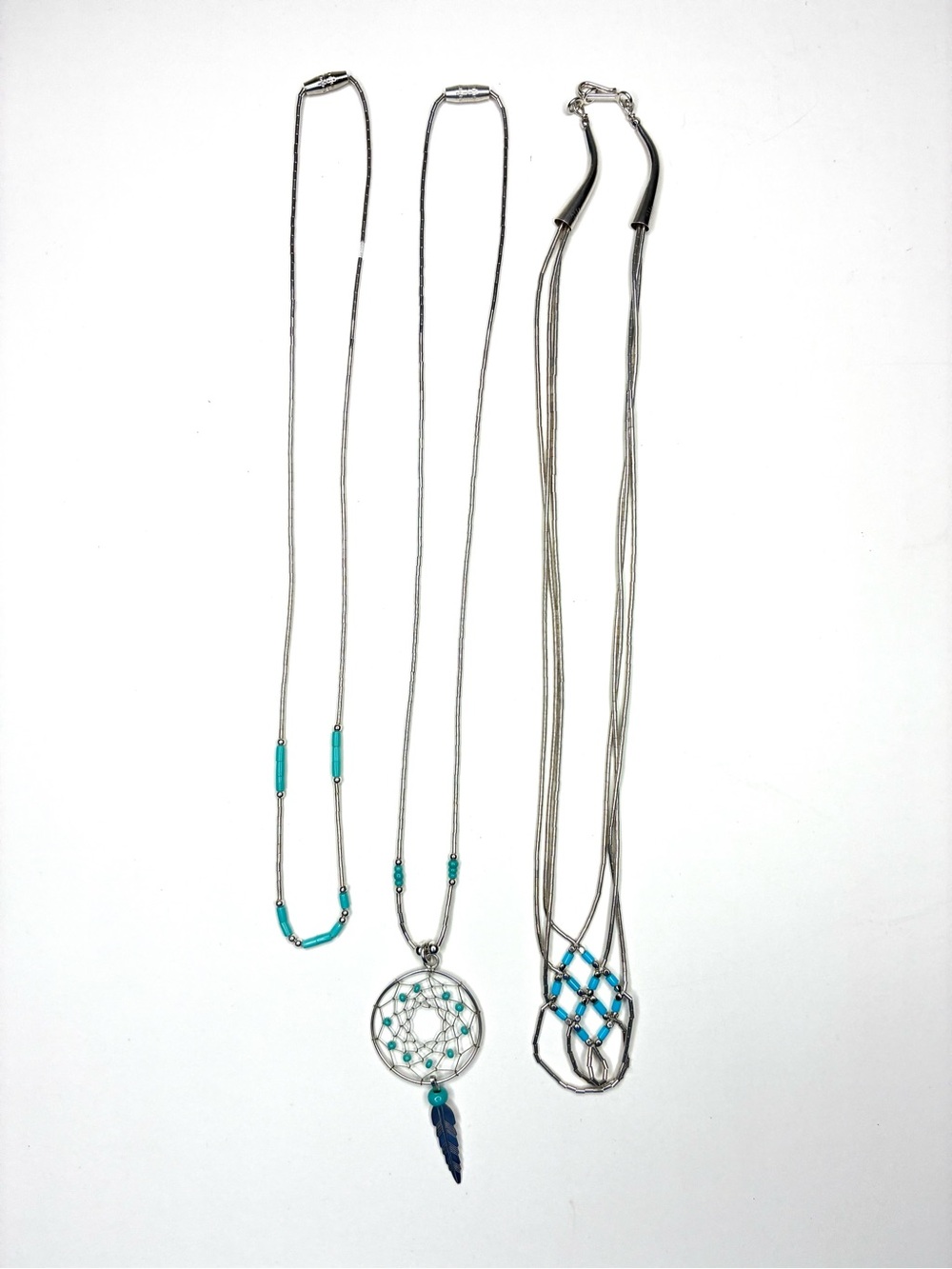 VTG Bundle: 3 Liquid Silver & Turquoise Necklaces - Southwestern Boho 16”